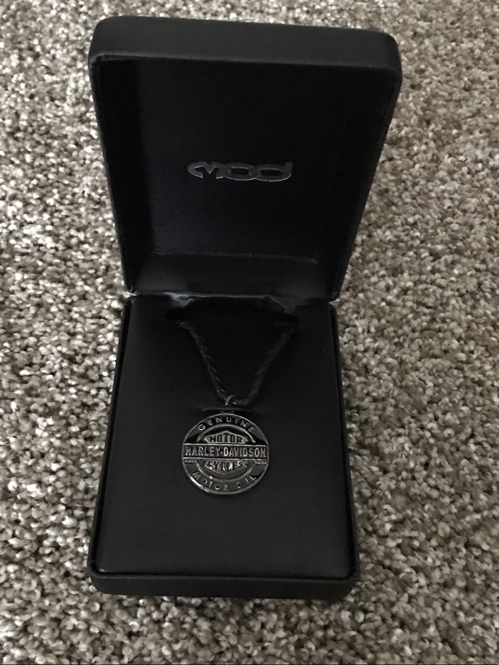 Harley-Davidson Black Braided Leather Necklace with Round Metal Logo Pendant